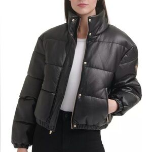 Guess Black Leather Puffer Jacket
